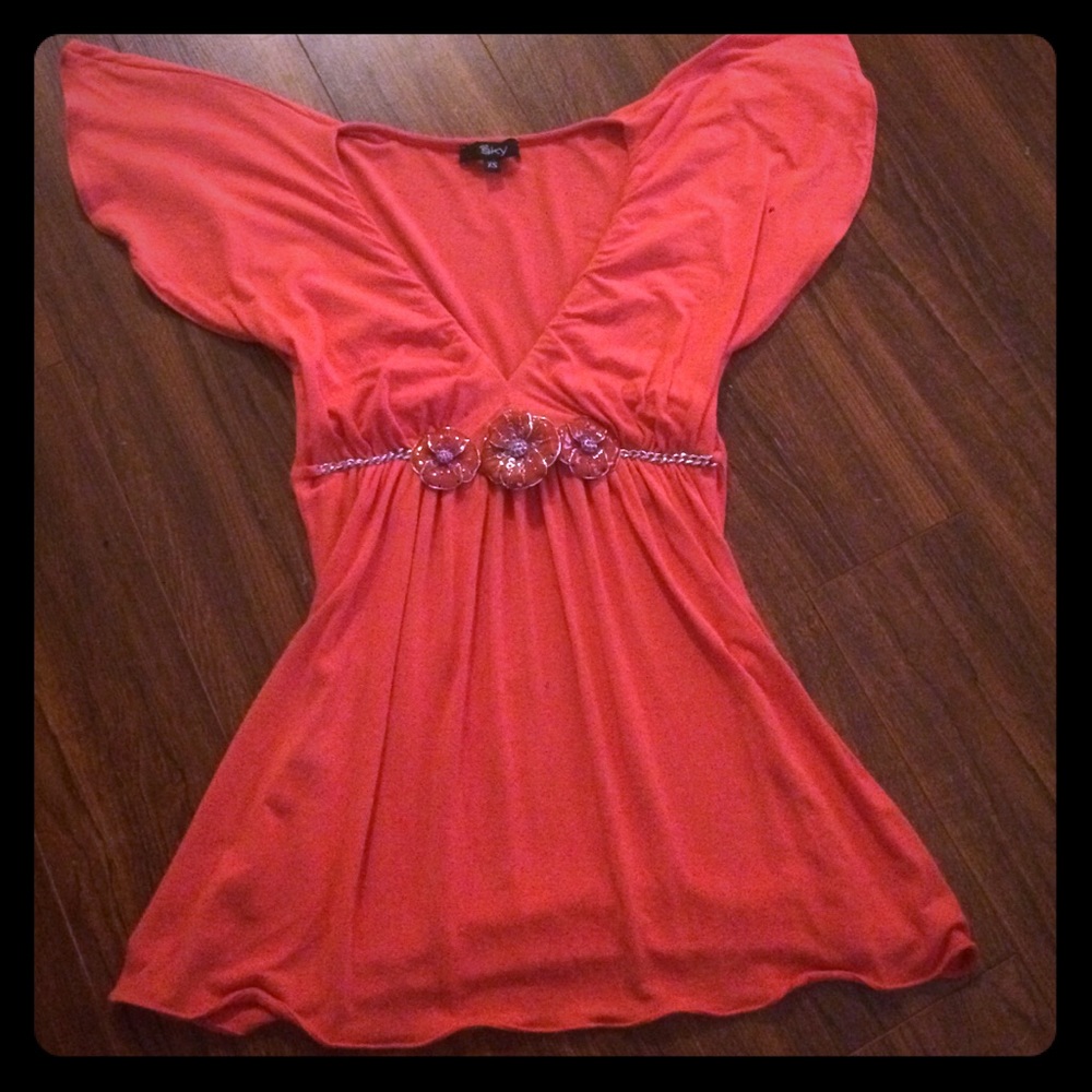 SKY coral flutter sleeve metal flower top